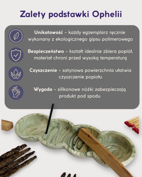 Infografika z zaletami ręcznie robionej podstawki pod kadzidło Ophelia w kolorze oliwkowym z efektem marmurka